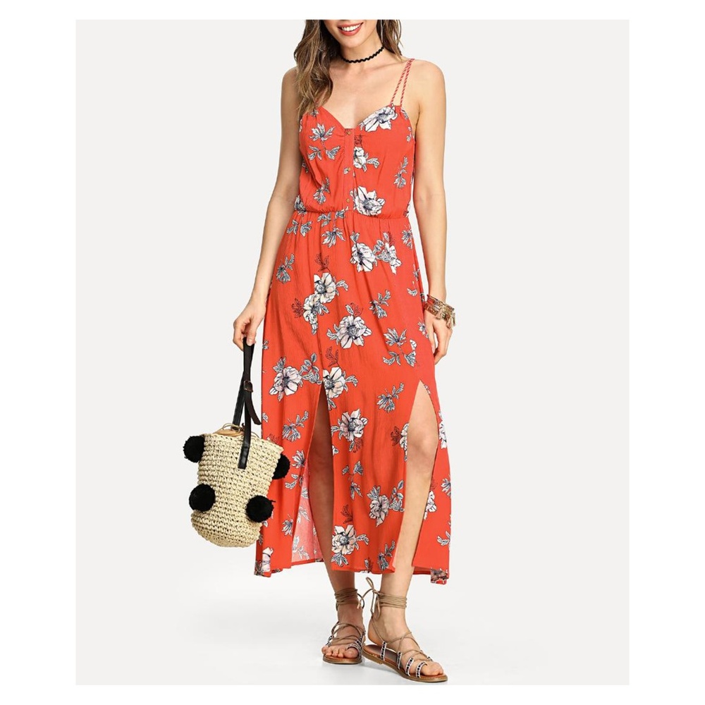 Red Floral Sleeveless M Slit Maxi Dress